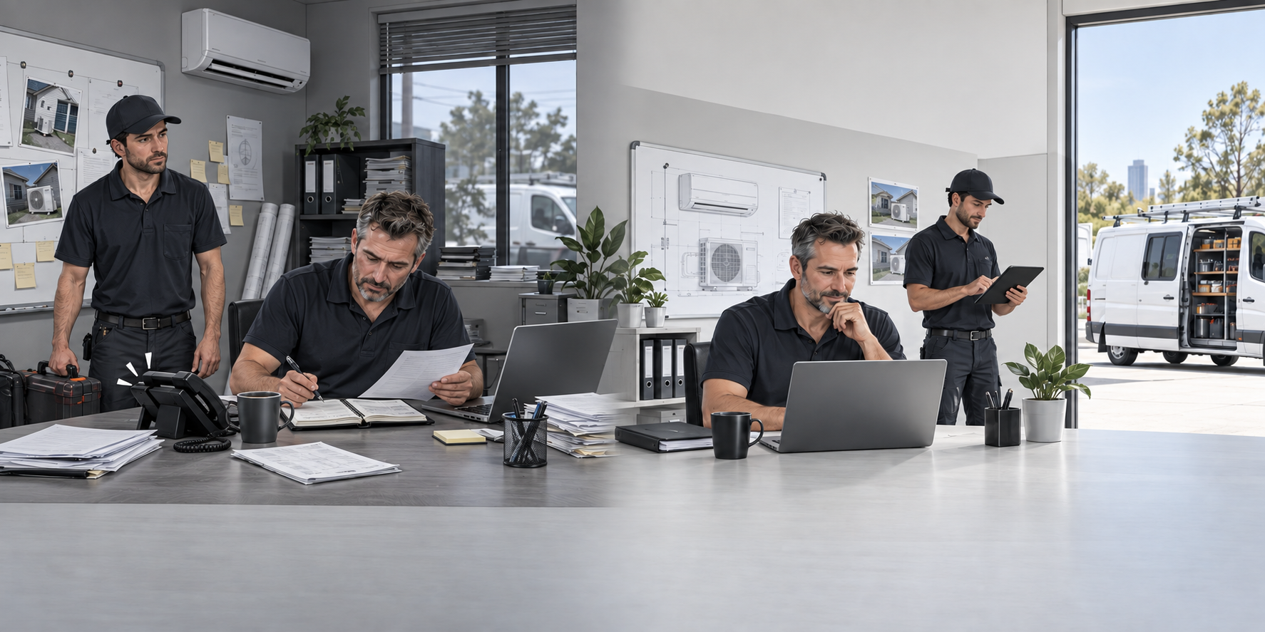 Tom’s HVAC office before automation, quietly managing calls and paper job sheets, and after a ZIRUO system, calm and organised from enquiry to invoice.